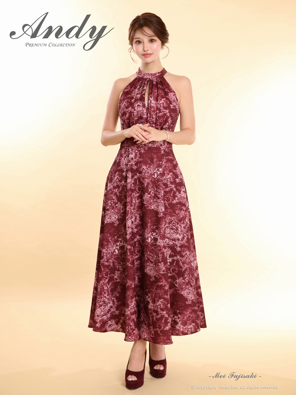 Andy アンディ ボタニカル花柄 ホルターネック バストカットアウト フレア ミモレ丈 ミディアムドレス an-on3016