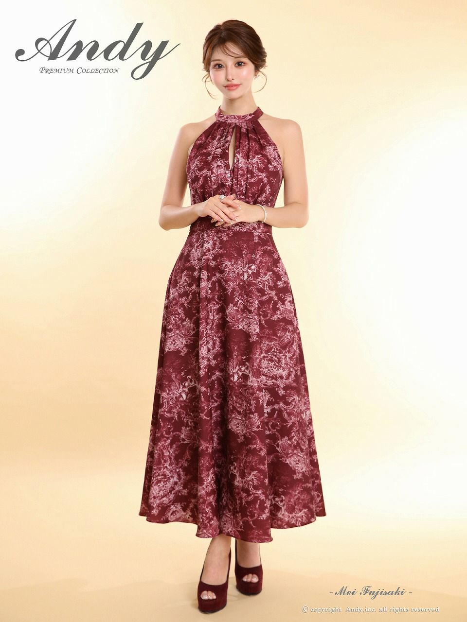 Andy アンディ ボタニカル花柄 ホルターネック バストカットアウト フレア ミモレ丈 ミディアムドレス an-on3016