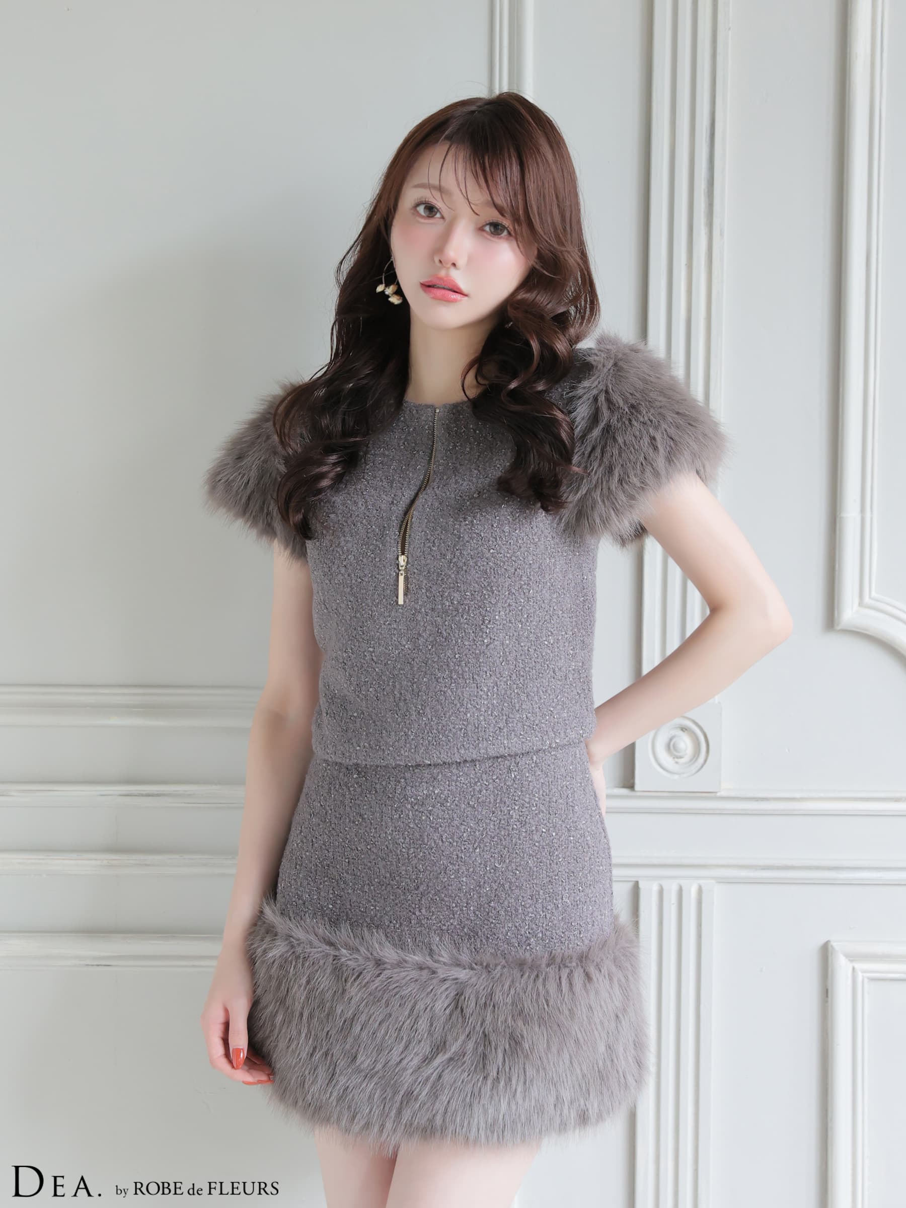 DEA. ディア バイ ローブドフルール 【XSサイズあり】 ブークレニットツイードセットアップタイトミニキャバドレス de4601-c