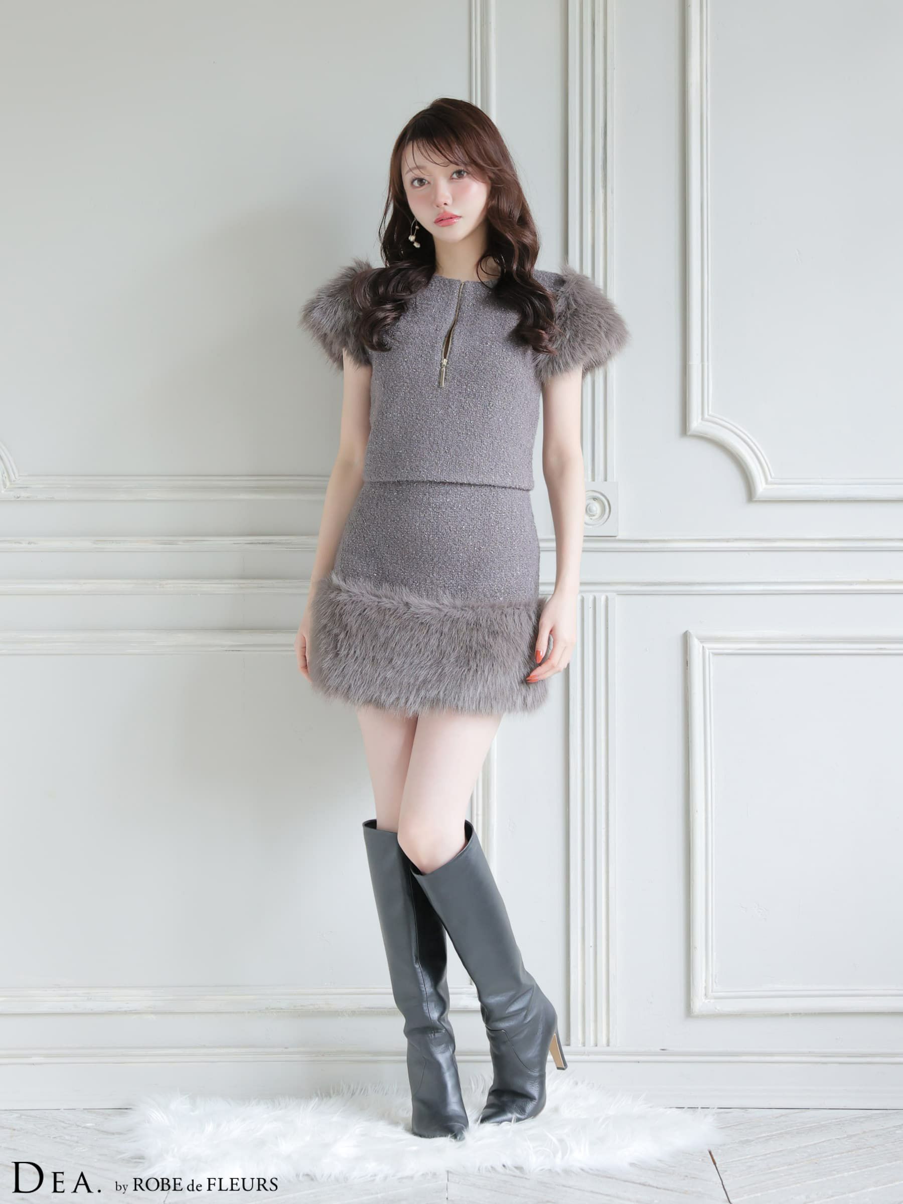 DEA. ディア バイ ローブドフルール 【XSサイズあり】 ブークレニットツイードセットアップタイトミニキャバドレス de4601-c