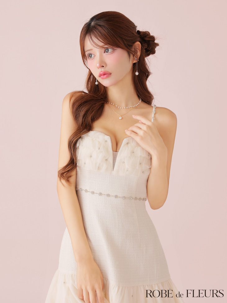 ROBE de FLEURS ローブドフルール 【XSサイズあり】ラメ入り薄手ツイードフレアミニキャバドレス fm4132