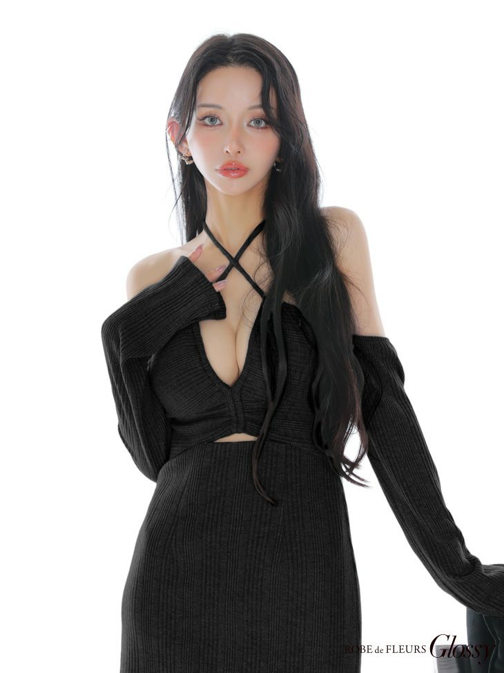 Glossy ローブドフルールグロッシー 【XSサイズあり】ラメリブニットカッティングタイトオフショルミニキャバドレス gl3959