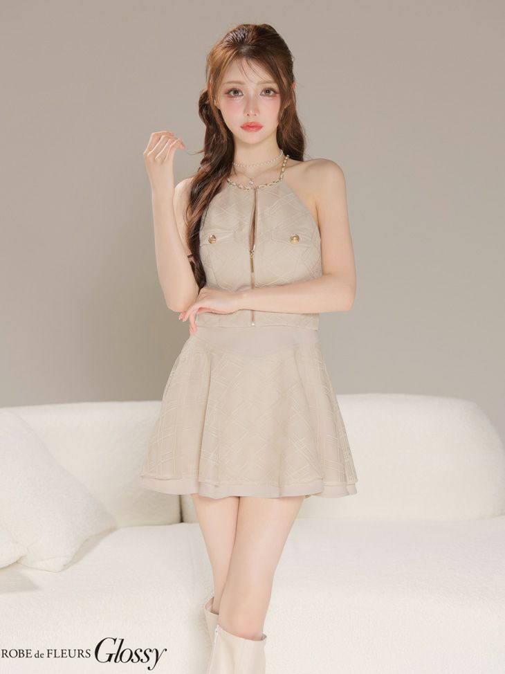 Glossy ローブドフルールグロッシー 【XSサイズあり】チェックレースツイルセットアップミニキャバドレス gl4218