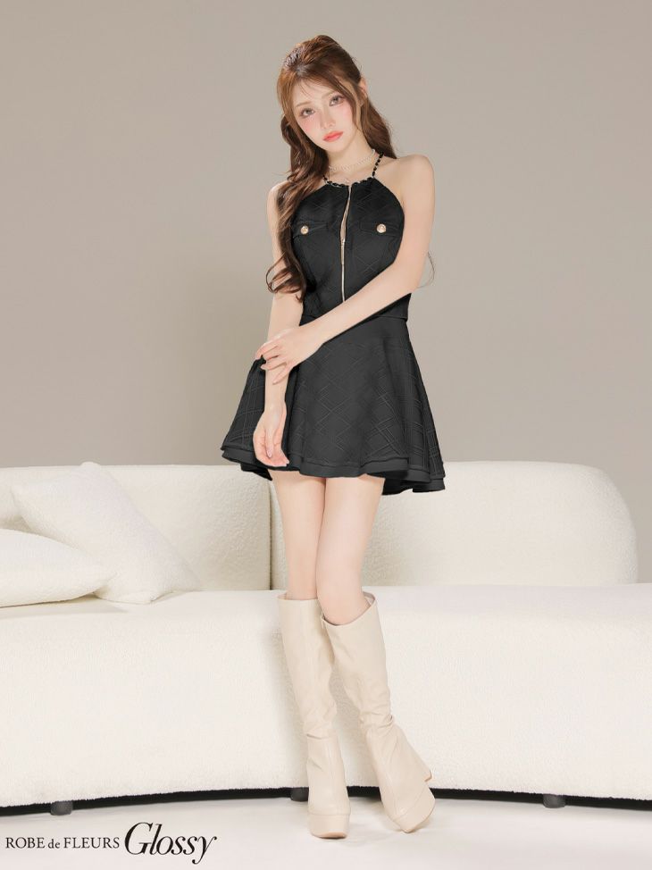 Glossy ローブドフルールグロッシー 【XSサイズあり】チェックレースツイルセットアップミニキャバドレス gl4218
