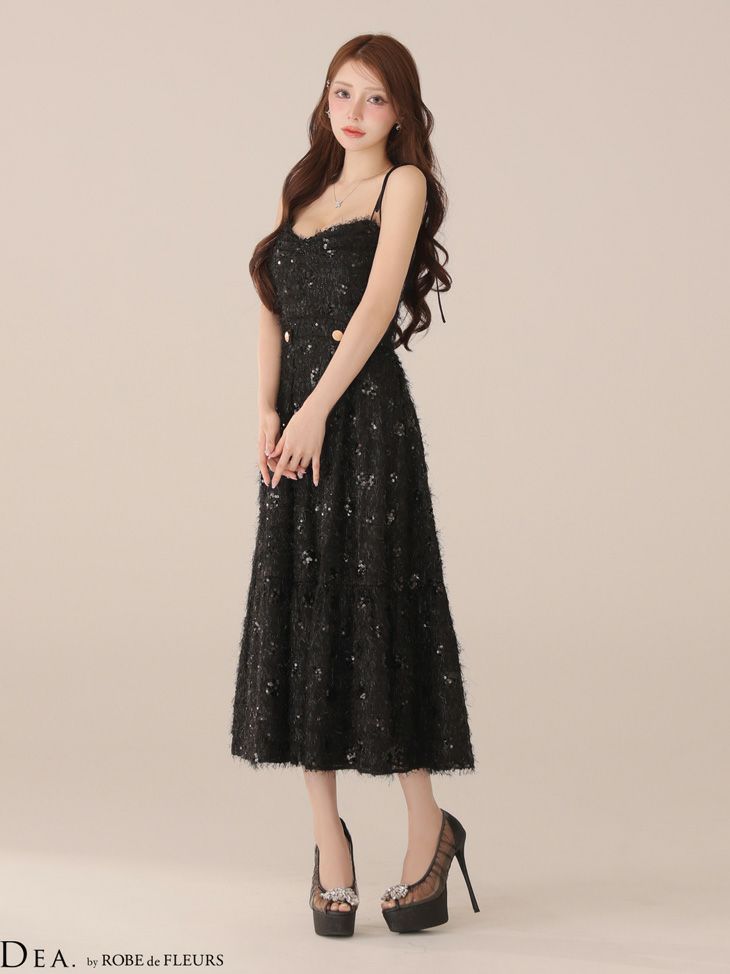 DEA. ディア バイ ローブドフルール 【XS～Lサイズあり】 スパンコールチュールフレアロングキャバドレス de3485