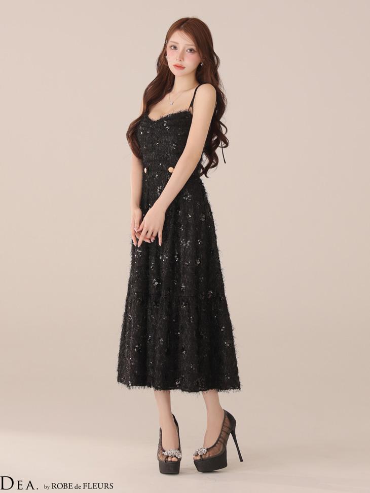 DEA. ディア バイ ローブドフルール 【XS～Lサイズあり】 スパンコールチュールフレアロングキャバドレス de3485