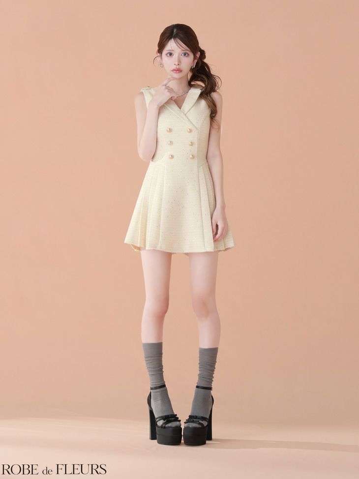 ROBE de FLEURS ローブドフルール 【XS～Lサイズあり】 ダブルボタン襟付きノースリーブフレアミニキャバドレス fm4320