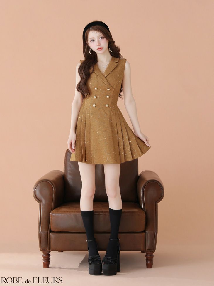 ROBE de FLEURS ローブドフルール 【XS～Lサイズあり】 ダブルボタン襟付きノースリーブフレアミニキャバドレス fm4320