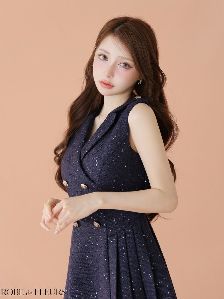 ROBE de FLEURS ローブドフルール 【XS～Lサイズあり】 ダブルボタン襟付きノースリーブフレアミニキャバドレス fm4320
