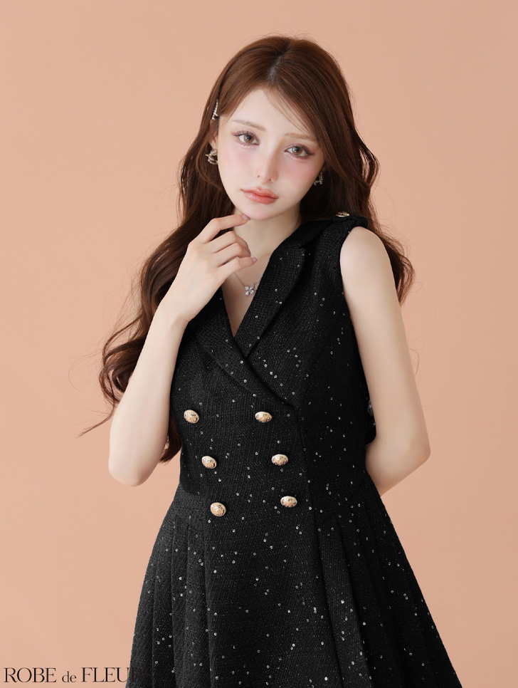ROBE de FLEURS ローブドフルール 【XS～Lサイズあり】 ダブルボタン襟付きノースリーブフレアミニキャバドレス fm4320