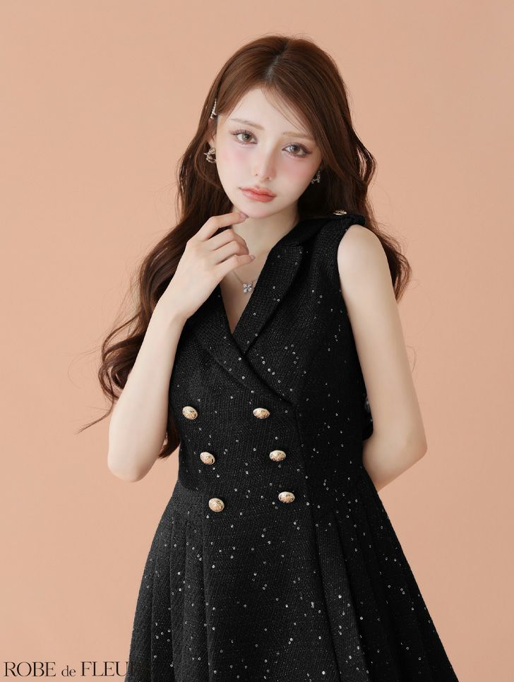 ROBE de FLEURS ローブドフルール 【XS～Lサイズあり】 ダブルボタン襟付きノースリーブフレアミニキャバドレス fm4320