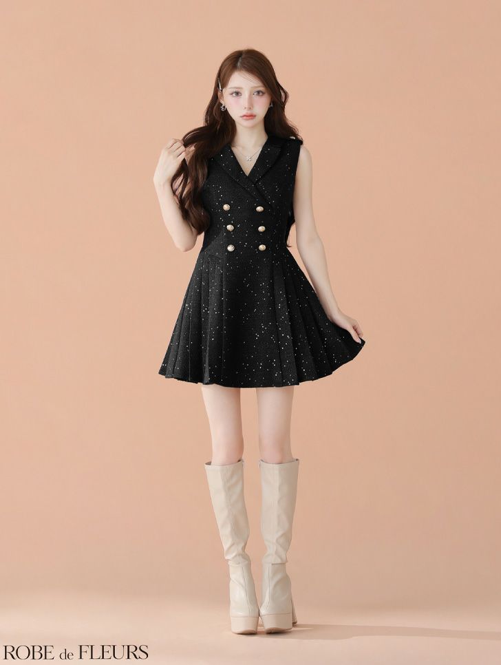 ROBE de FLEURS ローブドフルール 【XS～Lサイズあり】 ダブルボタン襟付きノースリーブフレアミニキャバドレス fm4320