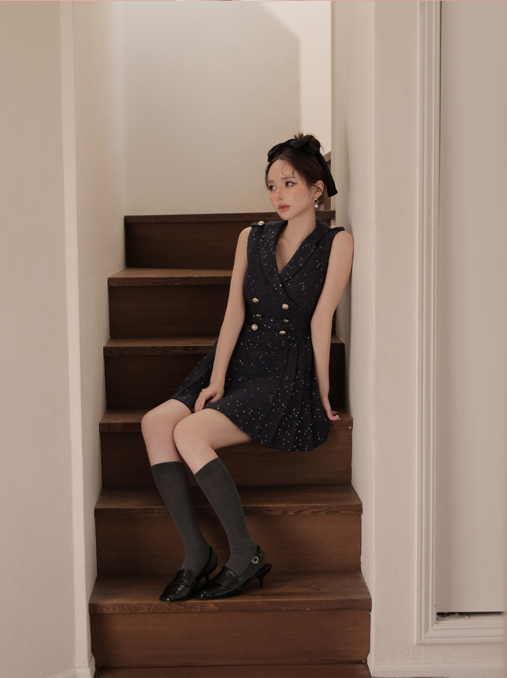 ROBE de FLEURS ローブドフルール 【XS～Lサイズあり】 ダブルボタン襟付きノースリーブフレアミニキャバドレス fm4320