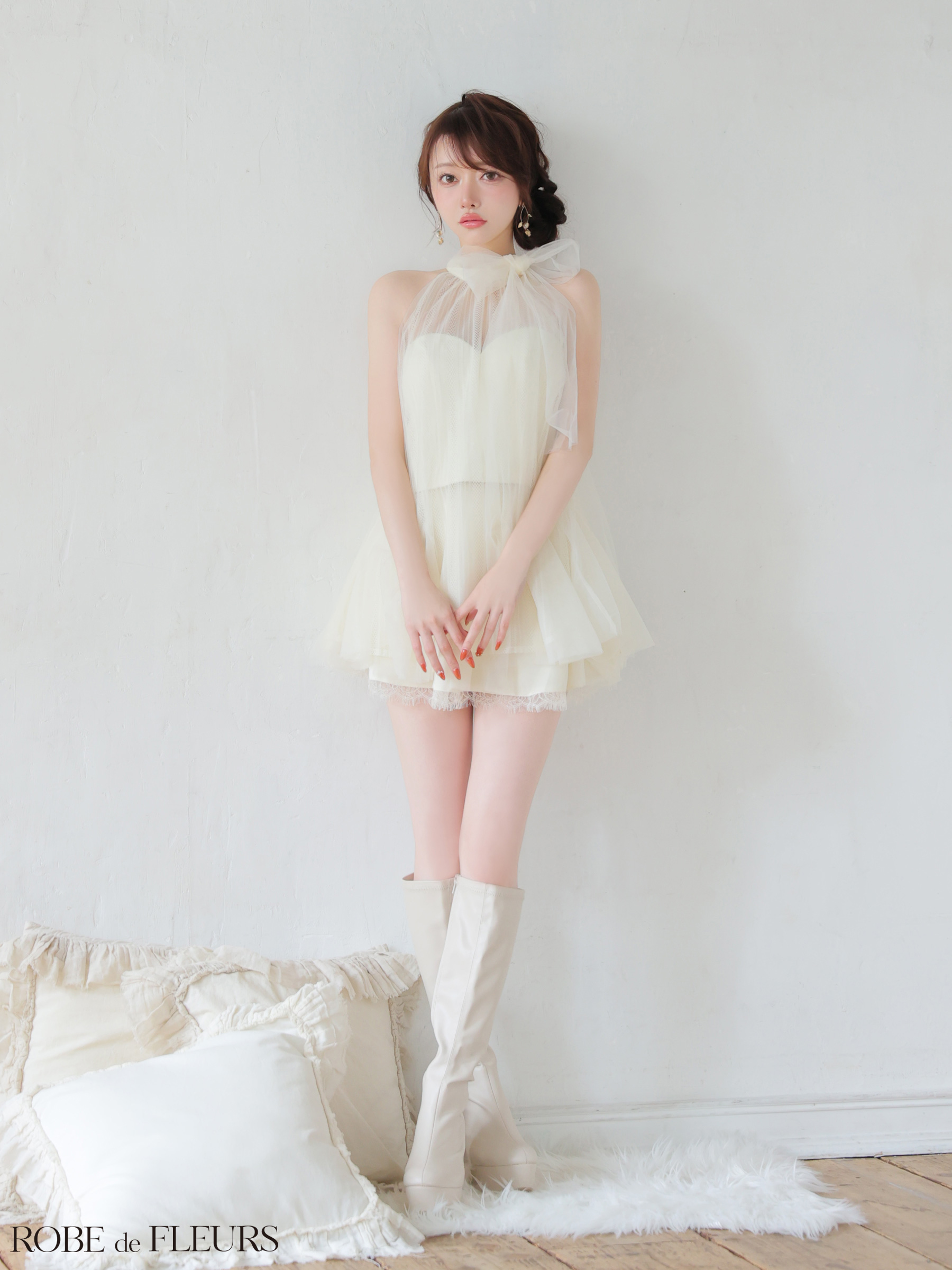 ROBE de FLEURS ローブドフルール 【XSサイズあり】ハイネックウエストリボンフレアミニキャバドレス fm3486