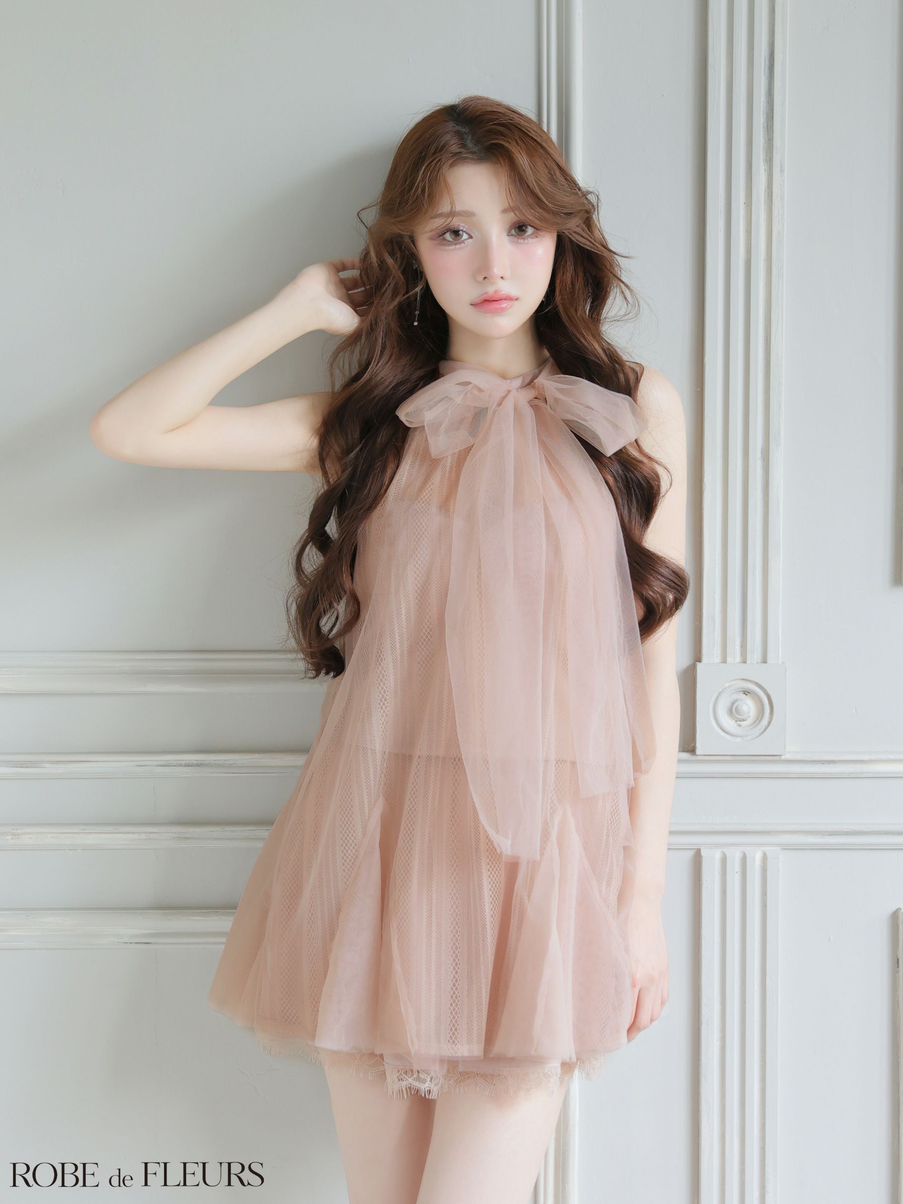 ROBE de FLEURS ローブドフルール 【XSサイズあり】ハイネックウエストリボンフレアミニキャバドレス fm3486