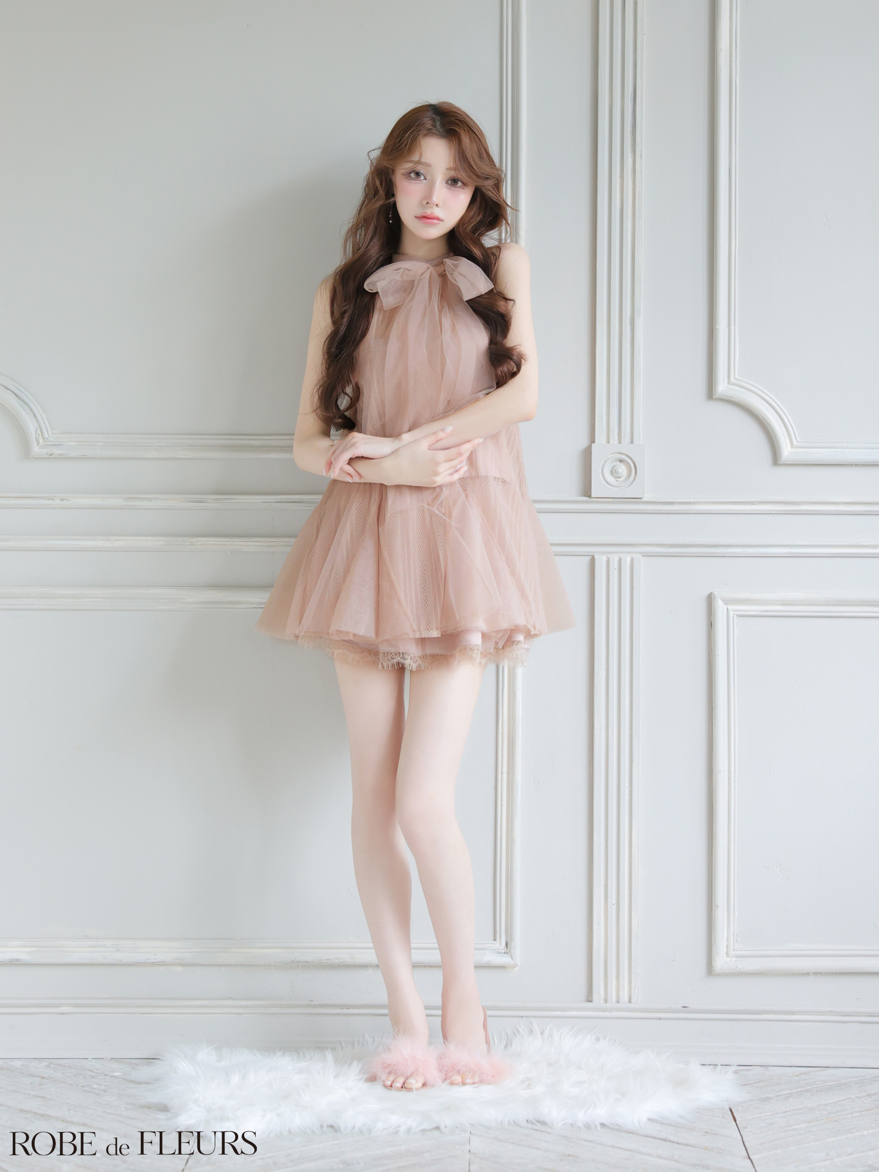 ROBE de FLEURS ローブドフルール 【XSサイズあり】ハイネックウエストリボンフレアミニキャバドレス fm3486