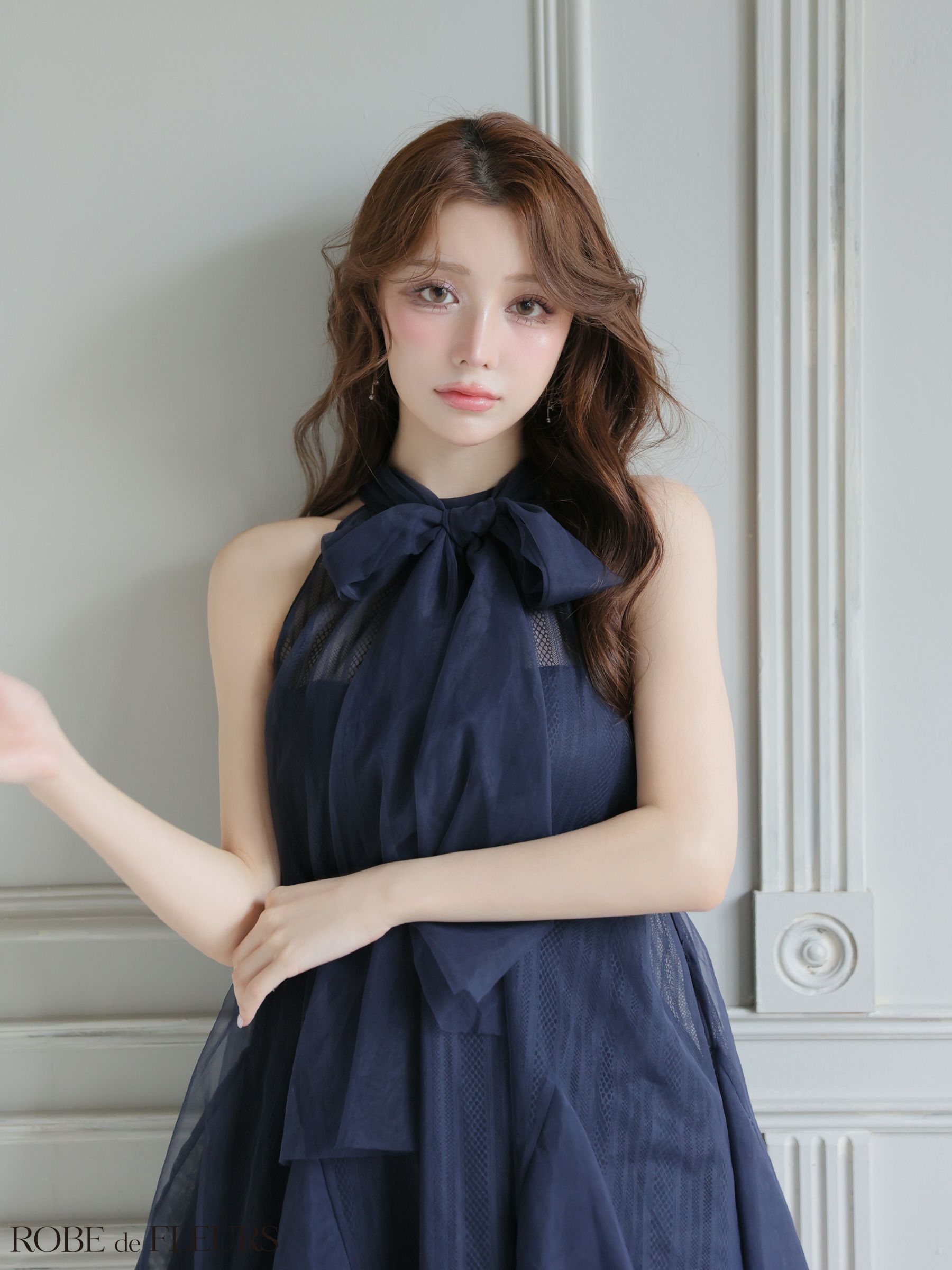 ROBE de FLEURS ローブドフルール 【XSサイズあり】ハイネックウエストリボンフレアミニキャバドレス fm3486