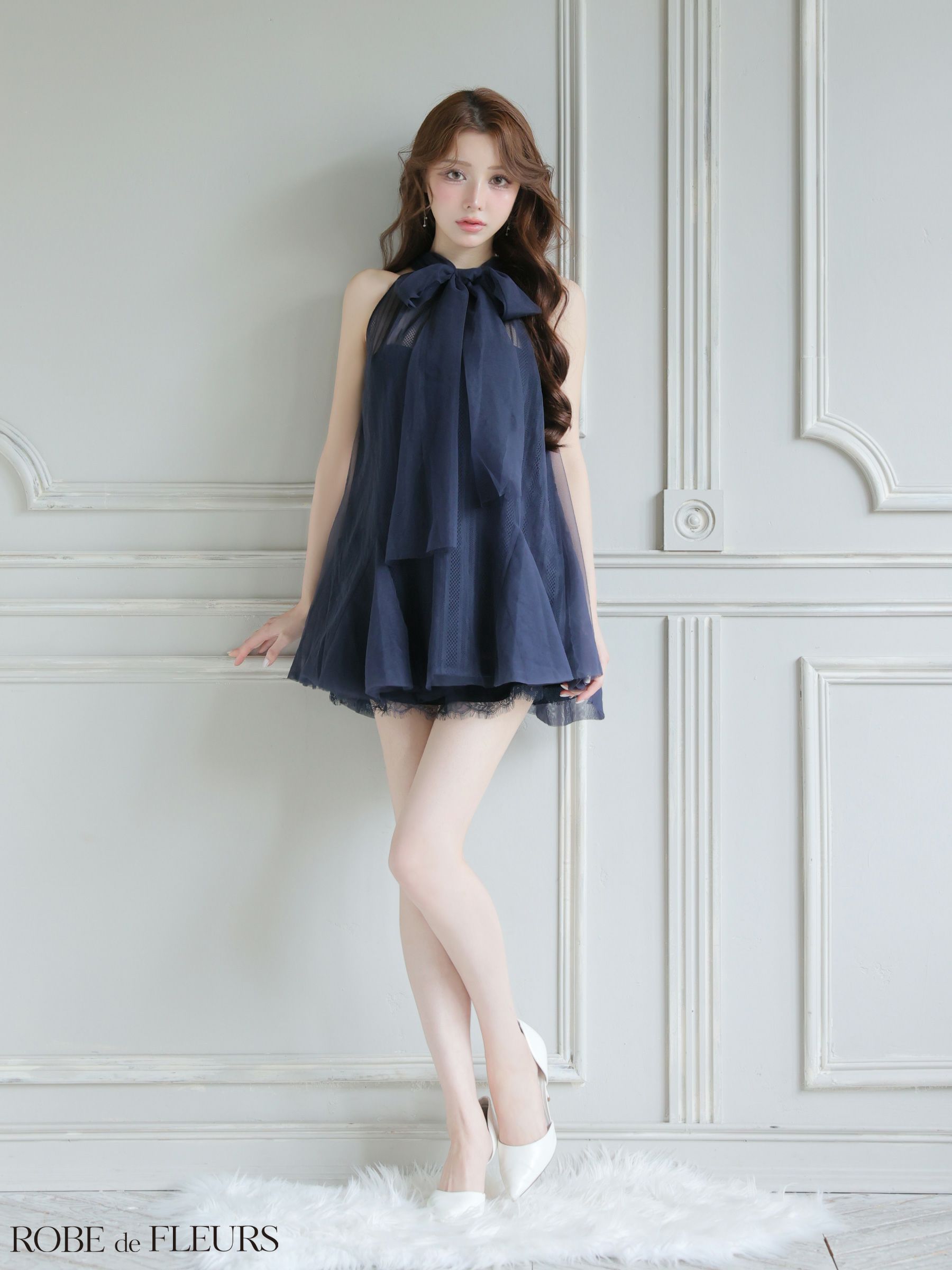 ROBE de FLEURS ローブドフルール 【XSサイズあり】ハイネックウエストリボンフレアミニキャバドレス fm3486