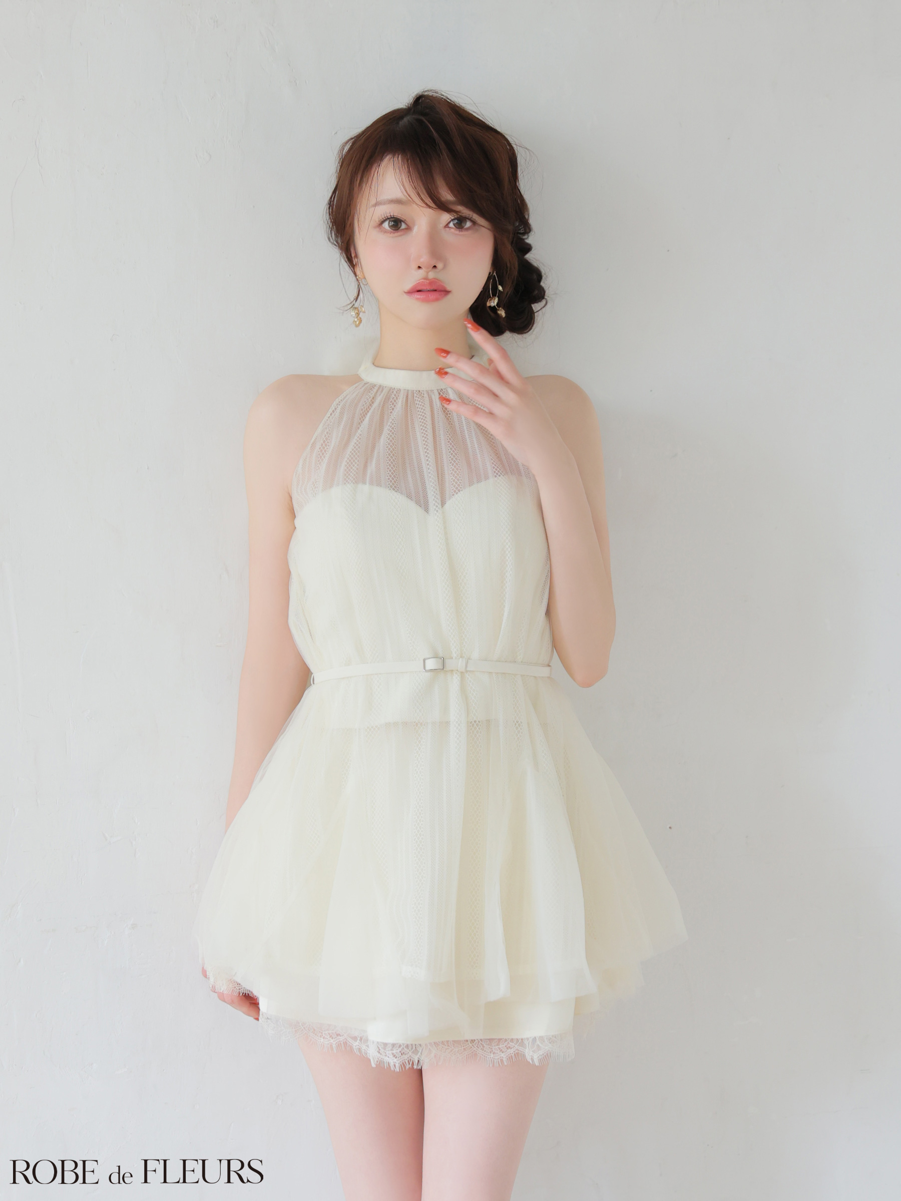 ROBE de FLEURS ローブドフルール 【XSサイズあり】ハイネックウエストリボンフレアミニキャバドレス fm3486