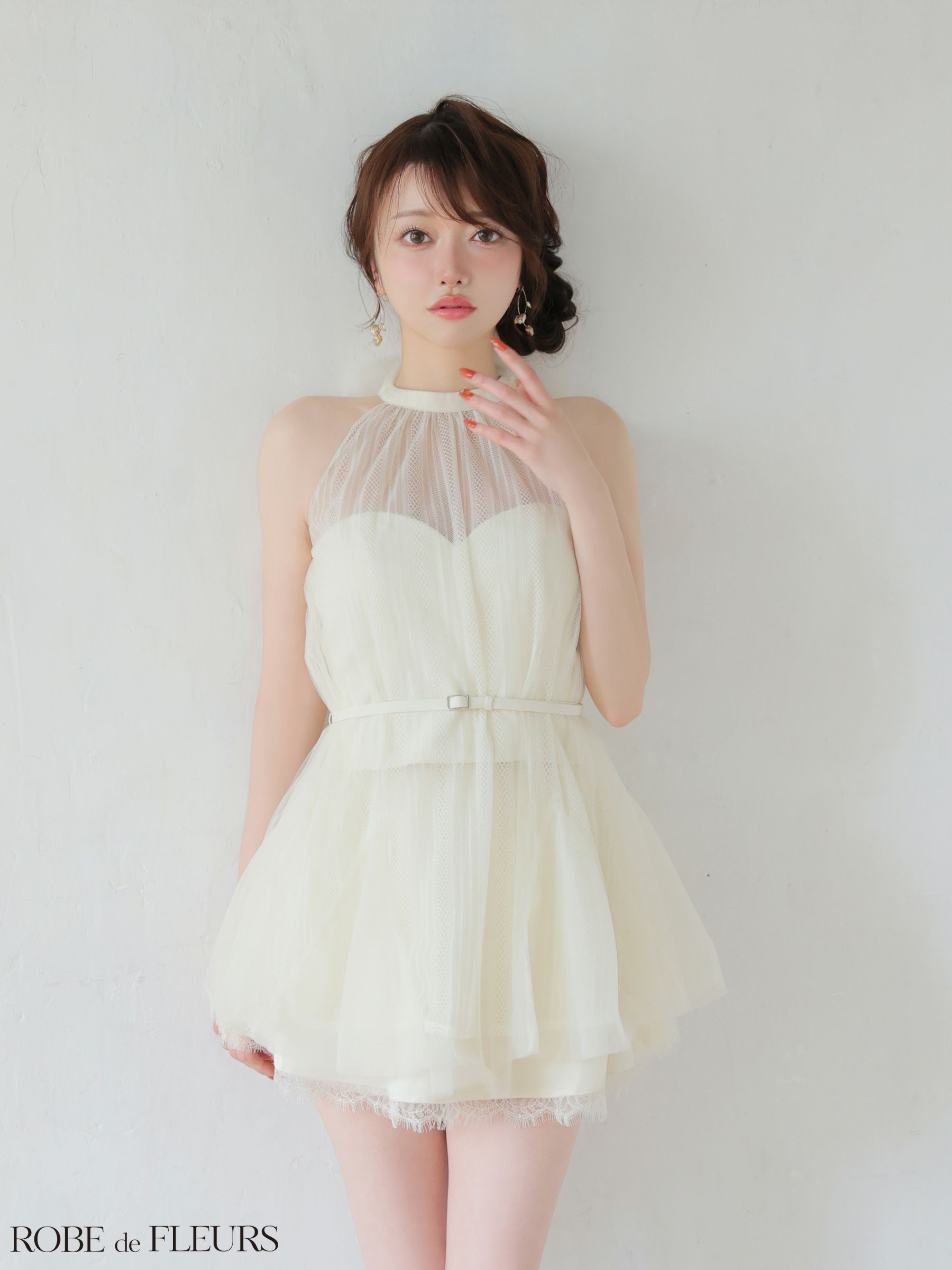 ROBE de FLEURS ローブドフルール 【XSサイズあり】ハイネックウエストリボンフレアミニキャバドレス fm3486