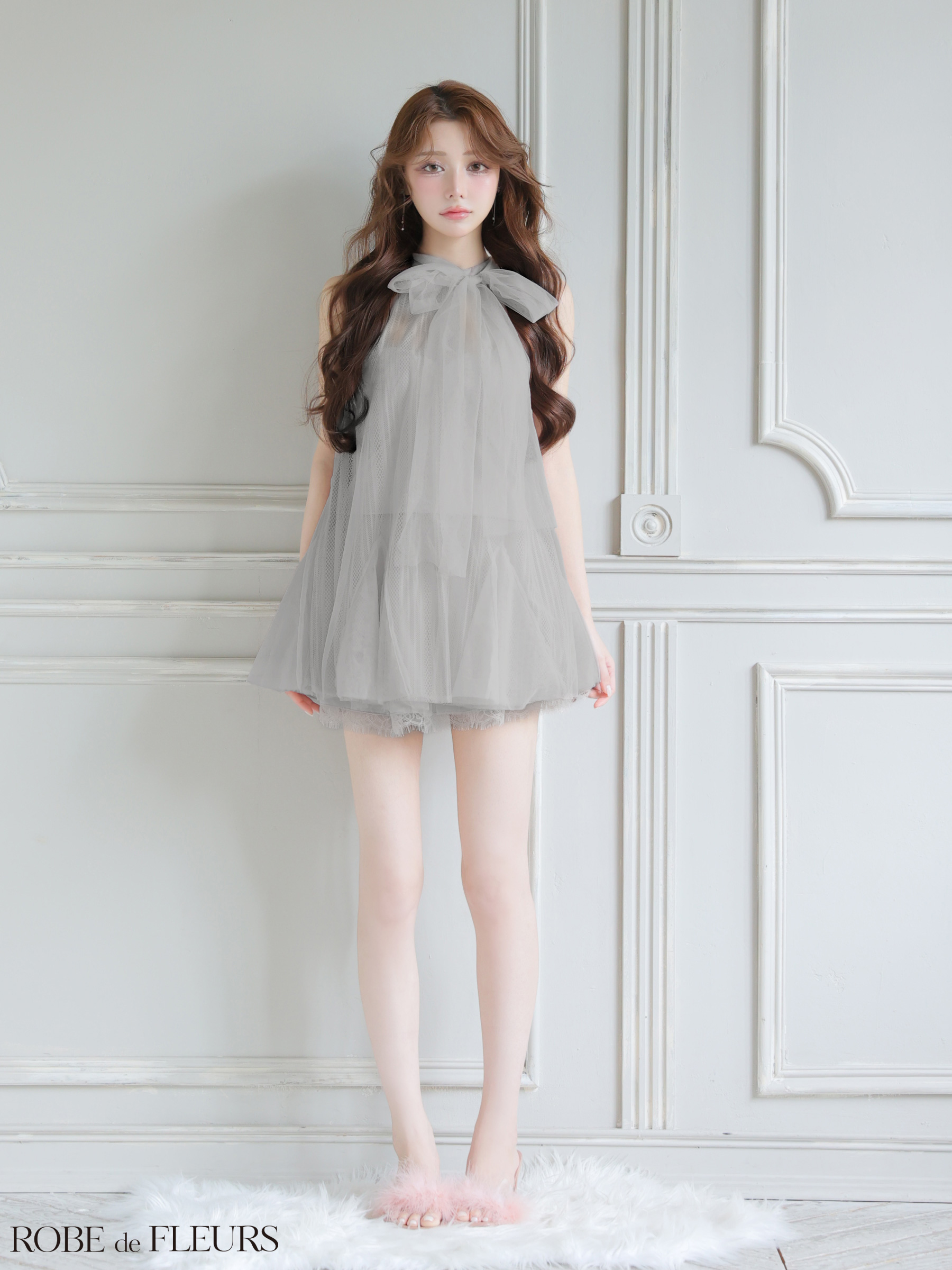 ROBE de FLEURS ローブドフルール 【XSサイズあり】ハイネックウエストリボンフレアミニキャバドレス fm3486