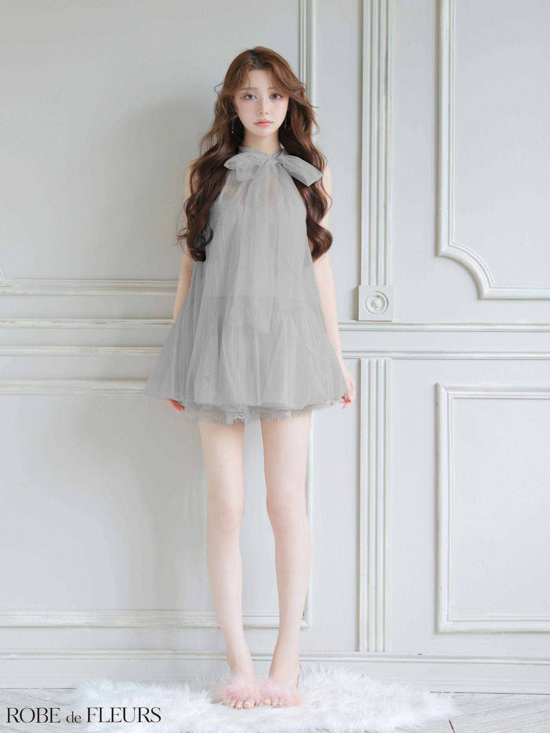 ROBE de FLEURS ローブドフルール 【XSサイズあり】ハイネックウエストリボンフレアミニキャバドレス fm3486