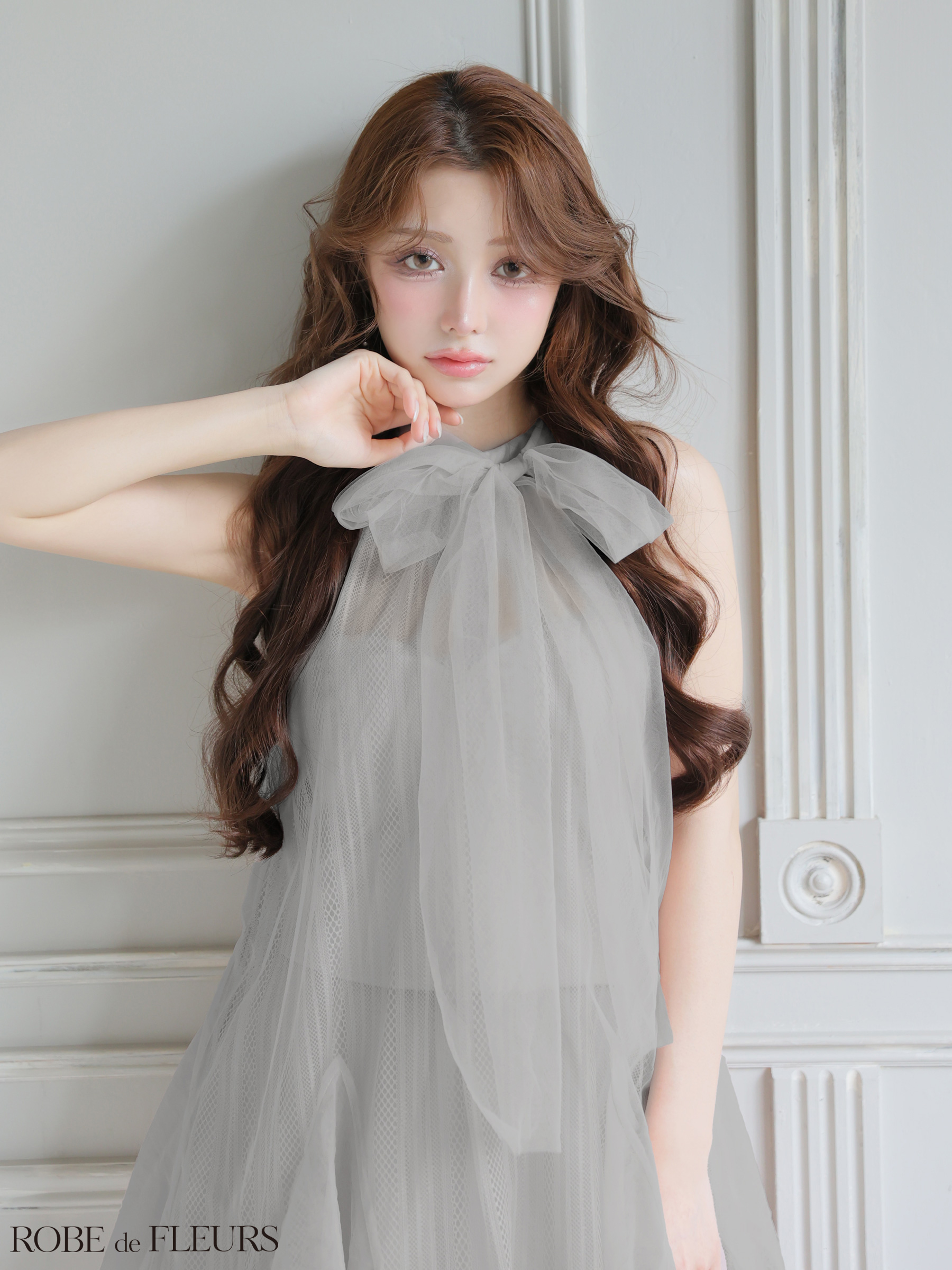 ROBE de FLEURS ローブドフルール 【XSサイズあり】ハイネックウエストリボンフレアミニキャバドレス fm3486