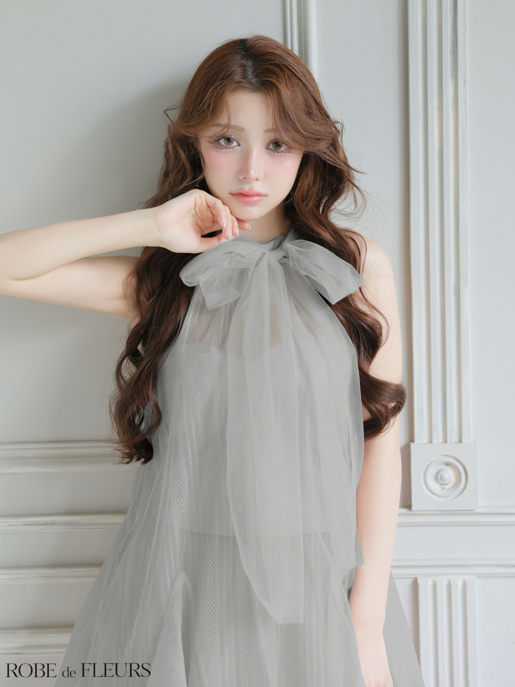 ROBE de FLEURS ローブドフルール 【XSサイズあり】ハイネックウエストリボンフレアミニキャバドレス fm3486