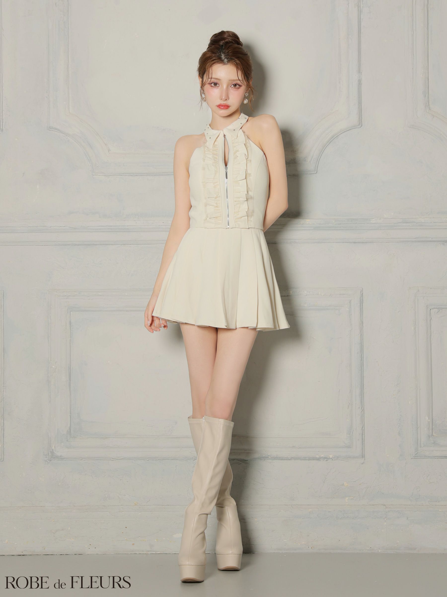 ROBE de FLEURS ローブドフルール 【XSサイズあり】レースハイネックセットアップフレアミニキャバドレス fm4157