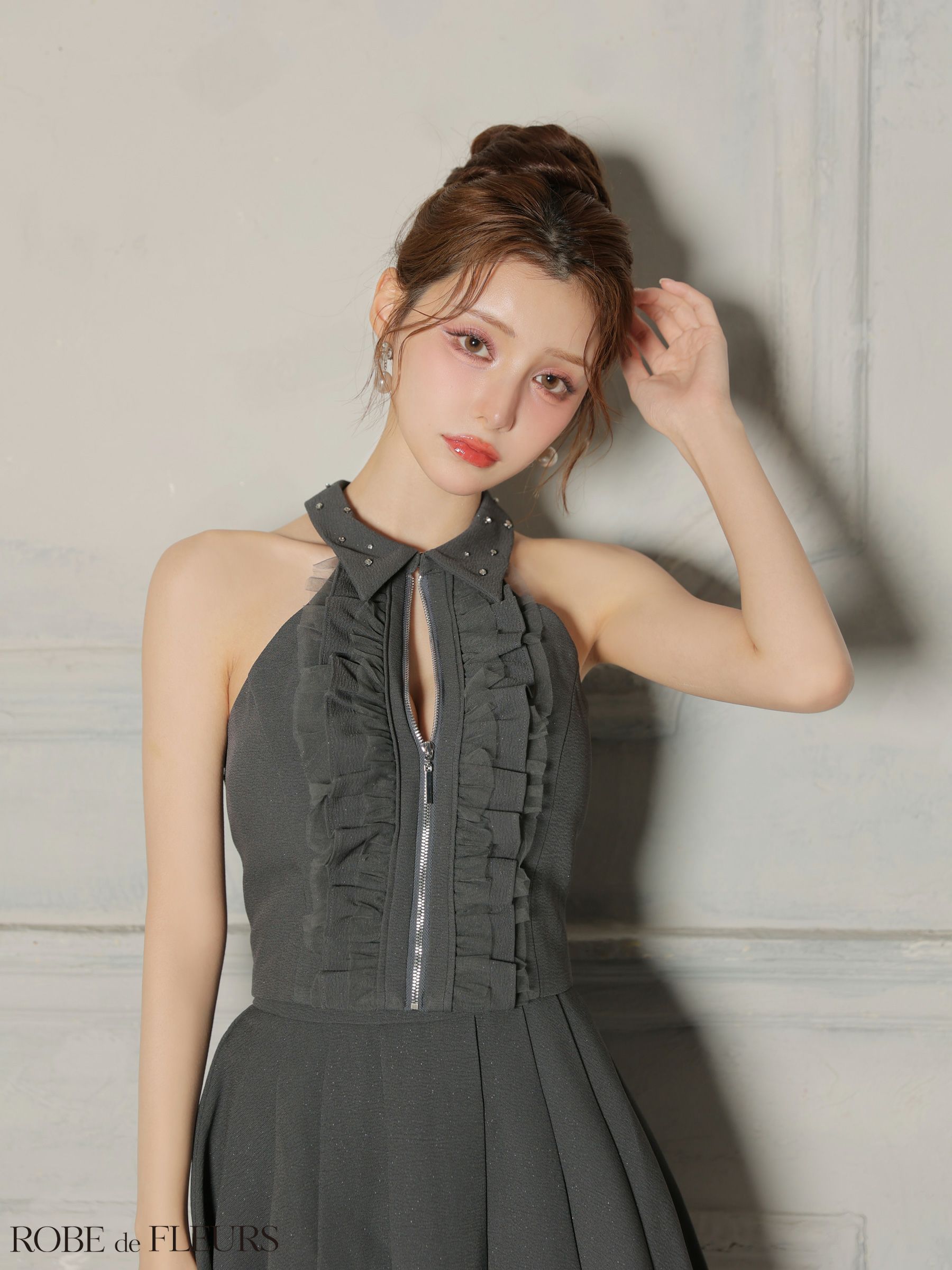 ROBE de FLEURS ローブドフルール 【XSサイズあり】レースハイネックセットアップフレアミニキャバドレス fm4157