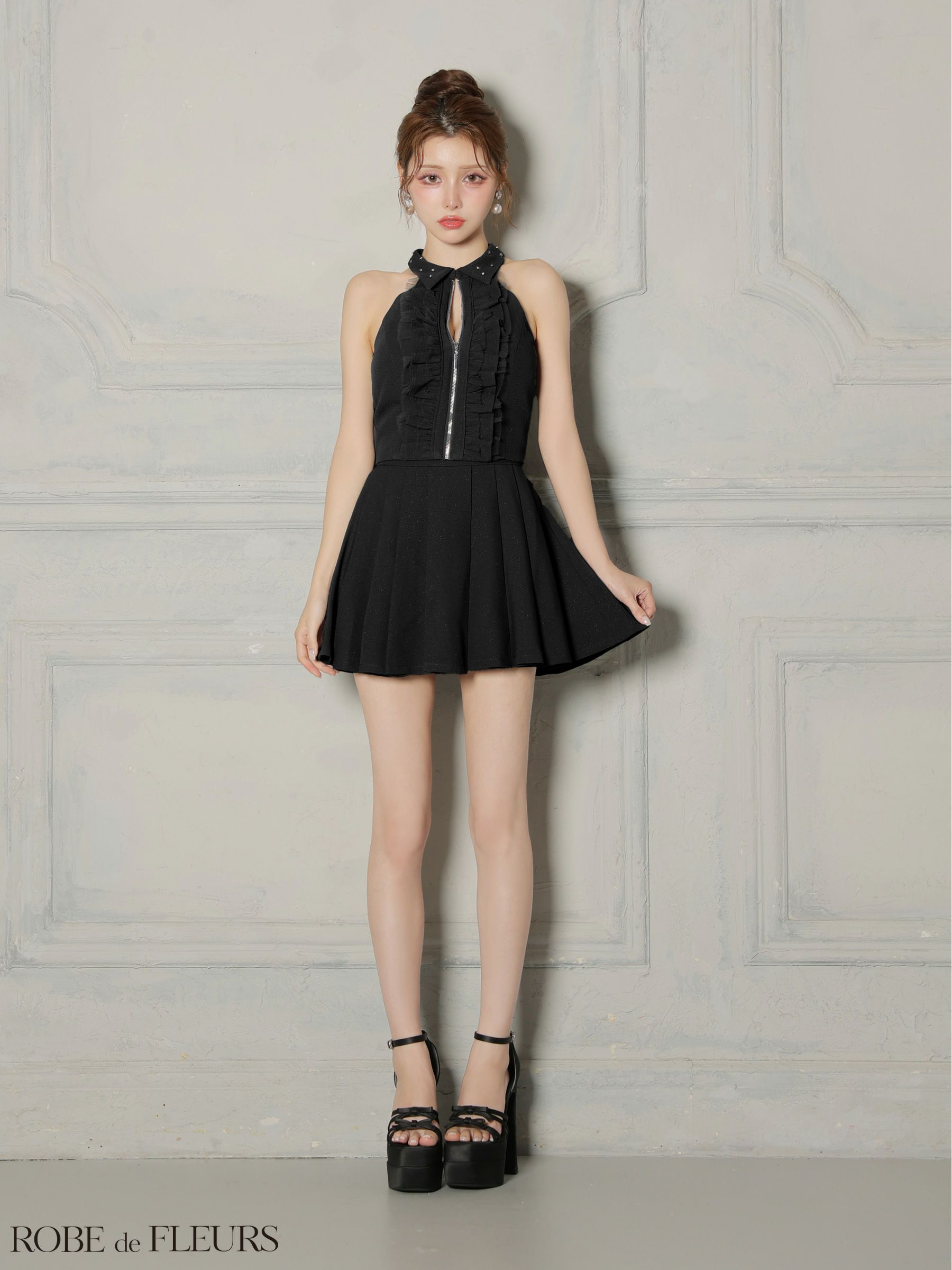 ROBE de FLEURS ローブドフルール 【XSサイズあり】レースハイネックセットアップフレアミニキャバドレス fm4157