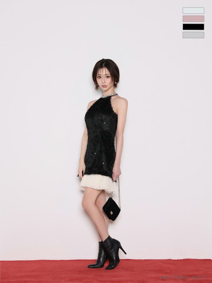 DEA. ディア バイ ローブドフルール 【XSサイズあり】 スパンコールフリンジハイネックフレアミニキャバドレス de4135