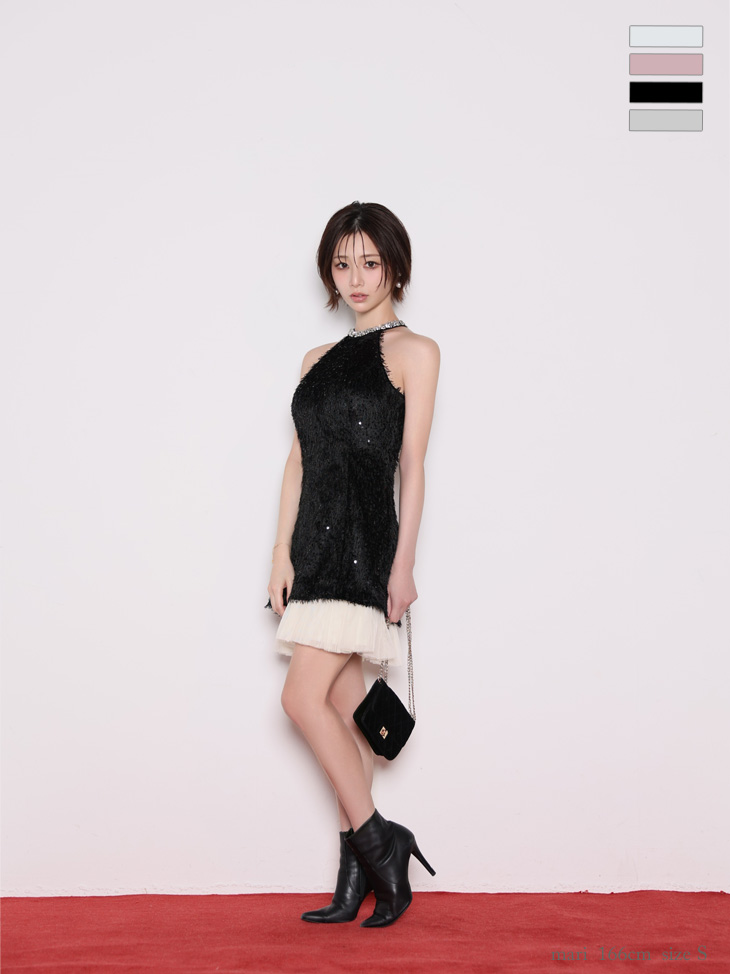 DEA. ディア バイ ローブドフルール 【XSサイズあり】 スパンコールフリンジハイネックフレアミニキャバドレス de4135