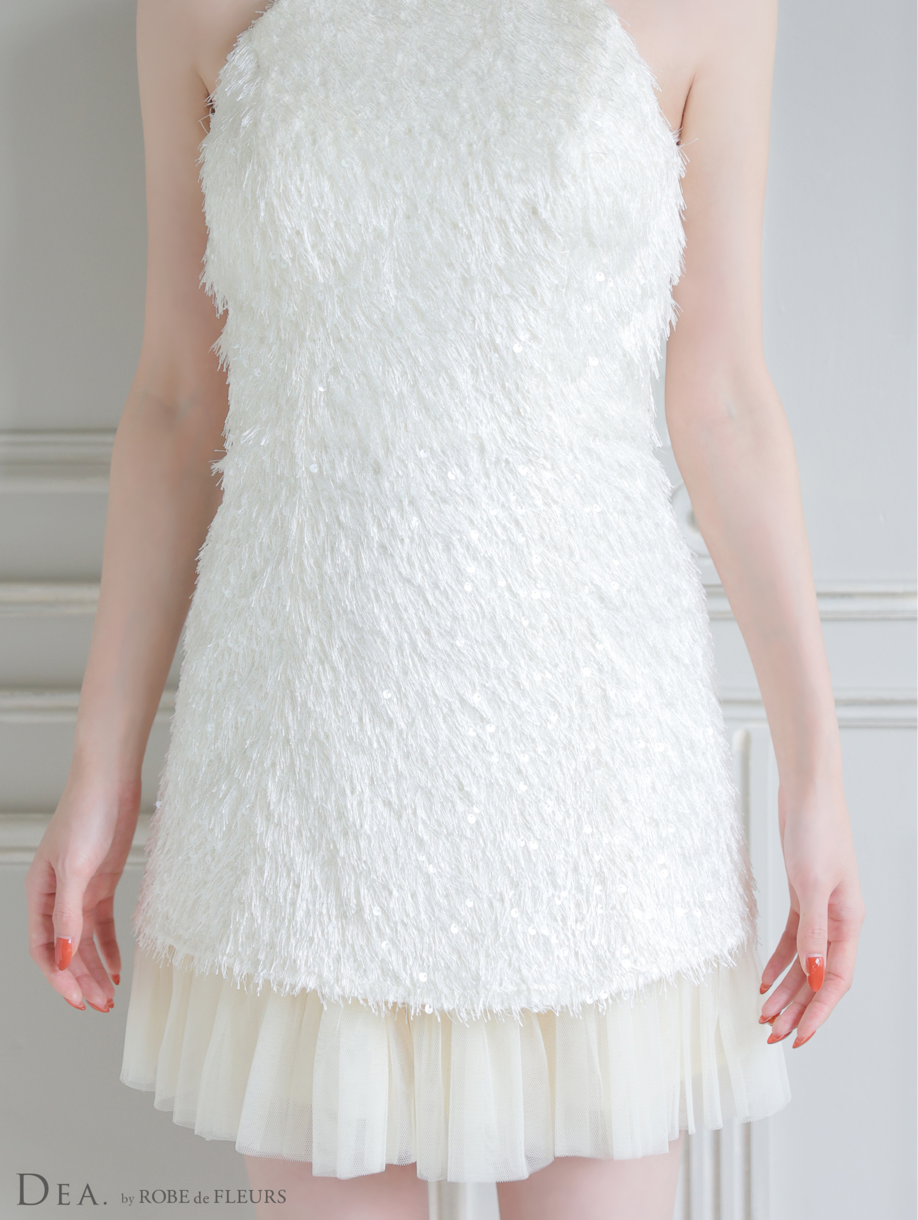 DEA. ディア バイ ローブドフルール 【XSサイズあり】 スパンコールフリンジハイネックフレアミニキャバドレス de4135