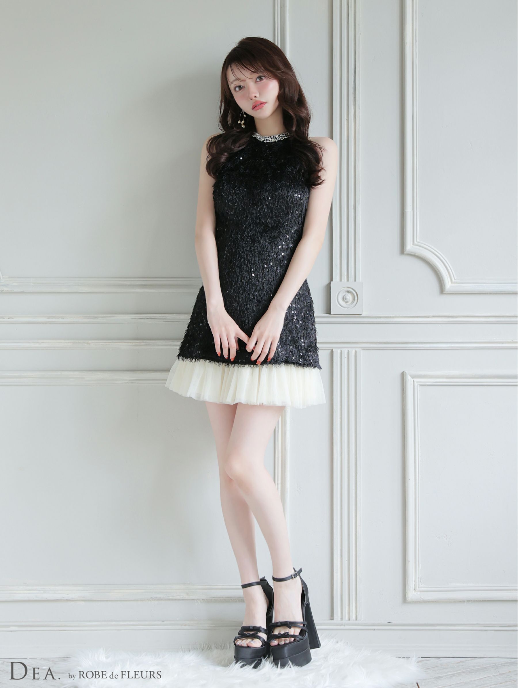 DEA. ディア バイ ローブドフルール 【XSサイズあり】 スパンコールフリンジハイネックフレアミニキャバドレス de4135