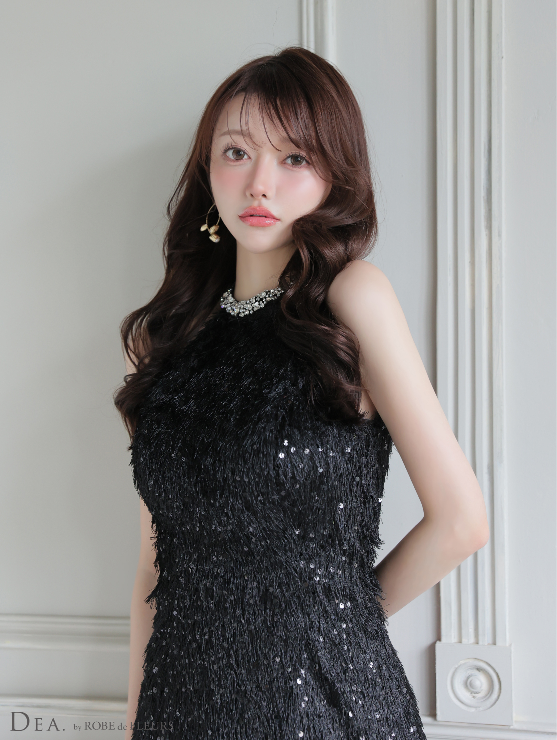 DEA. ディア バイ ローブドフルール 【XSサイズあり】 スパンコールフリンジハイネックフレアミニキャバドレス de4135