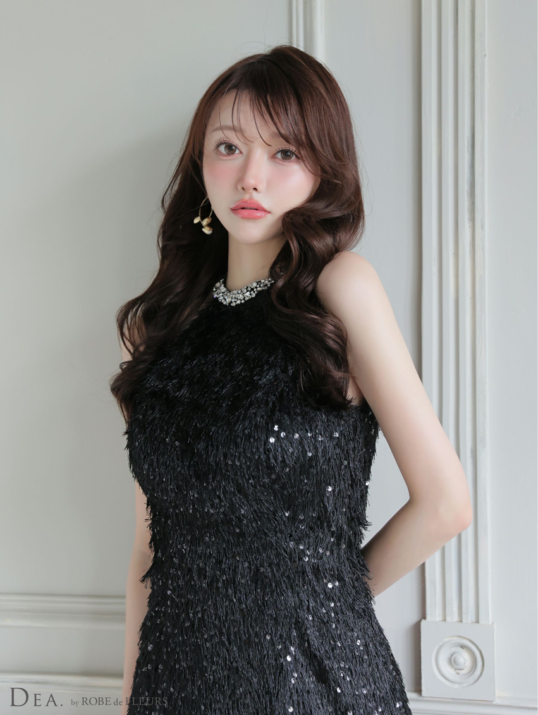 DEA. ディア バイ ローブドフルール 【XSサイズあり】 スパンコールフリンジハイネックフレアミニキャバドレス de4135