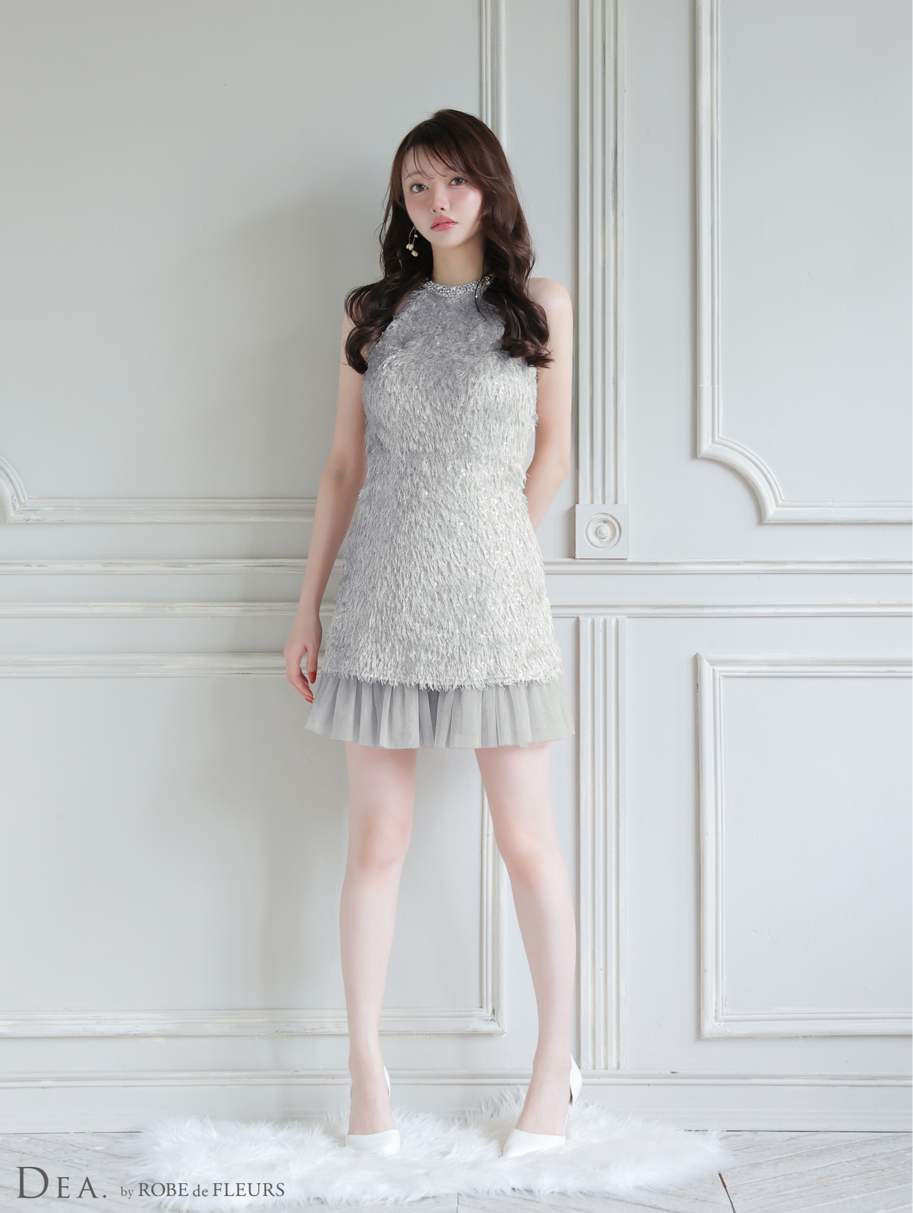 DEA. ディア バイ ローブドフルール 【XSサイズあり】 スパンコールフリンジハイネックフレアミニキャバドレス de4135