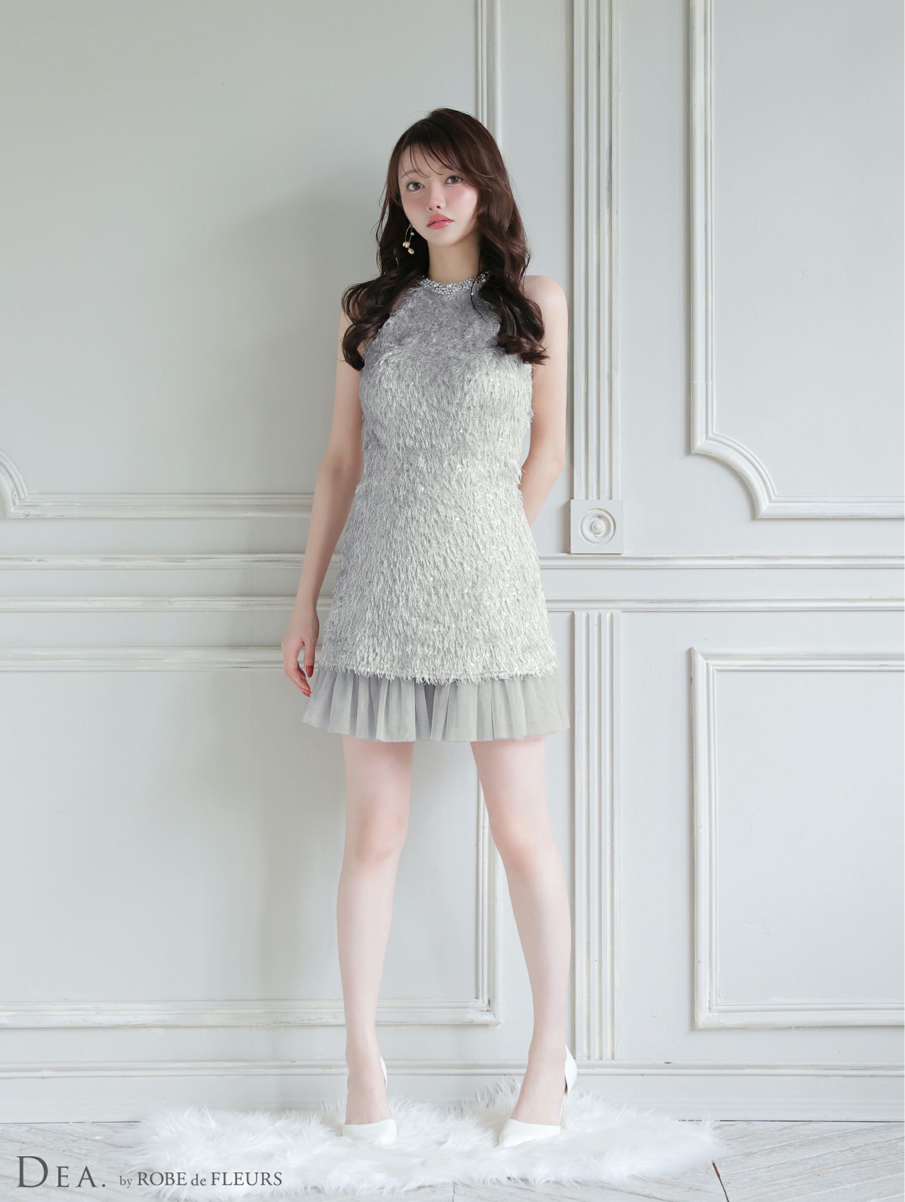 DEA. ディア バイ ローブドフルール 【XSサイズあり】 スパンコールフリンジハイネックフレアミニキャバドレス de4135
