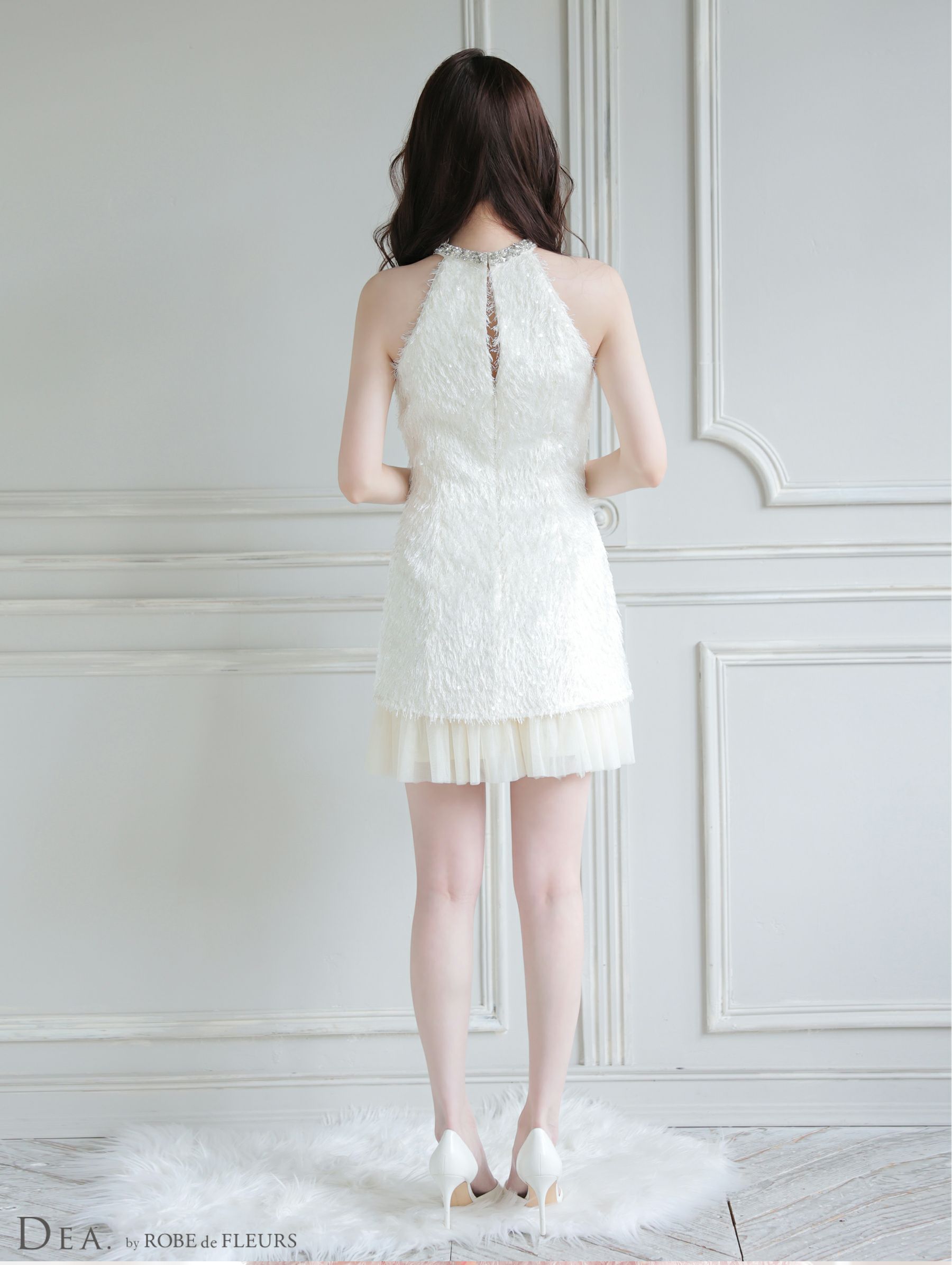 DEA. ディア バイ ローブドフルール 【XSサイズあり】 スパンコールフリンジハイネックフレアミニキャバドレス de4135