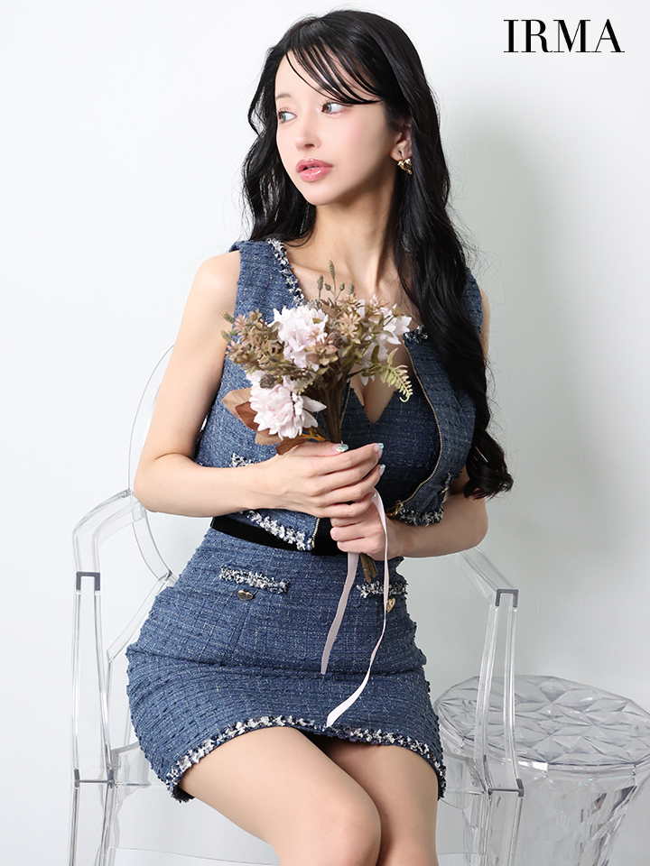 IRMA イルマ ツイード/フリンジ/パイピング/デニム風/ハートスタッヅ/セットアップ/タイト ミニドレス ir55106-c