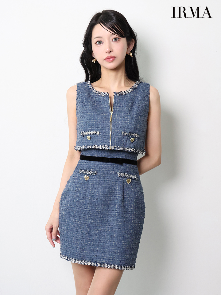 IRMA イルマ ツイード/フリンジ/パイピング/デニム風/ハートスタッヅ/セットアップ/タイト ミニドレス ir55106-c