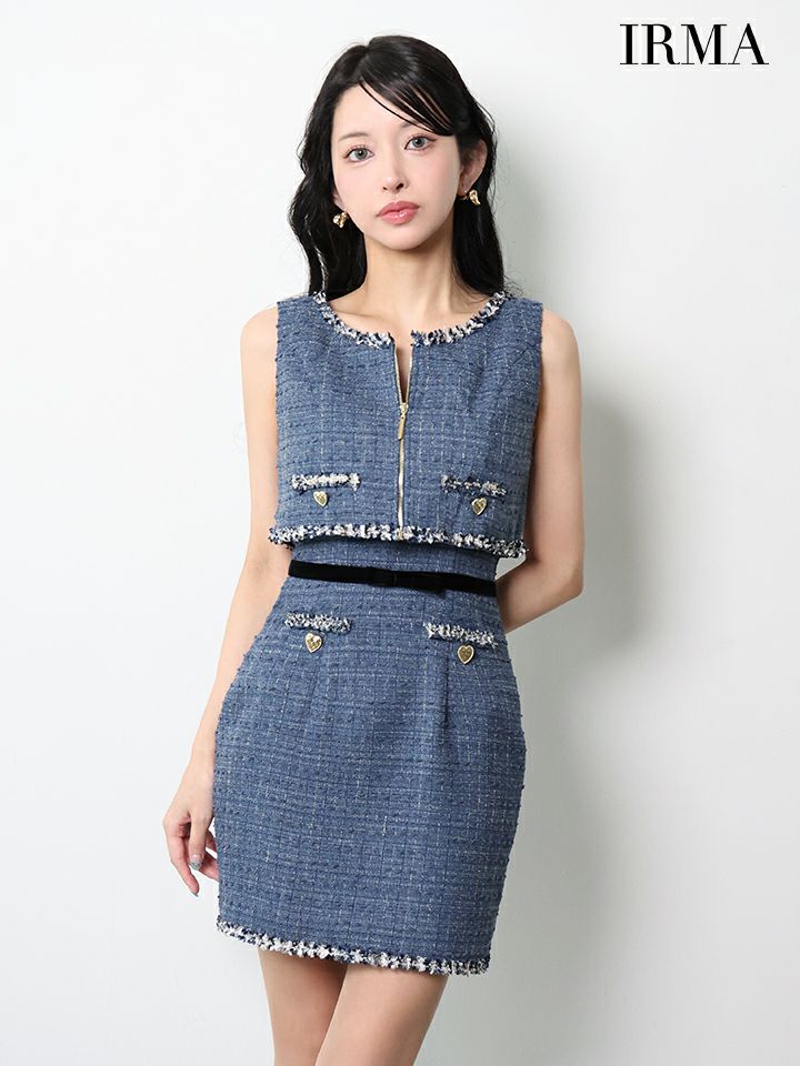 IRMA イルマ ツイード/フリンジ/パイピング/デニム風/ハートスタッヅ/セットアップ/タイト ミニドレス ir55106-c
