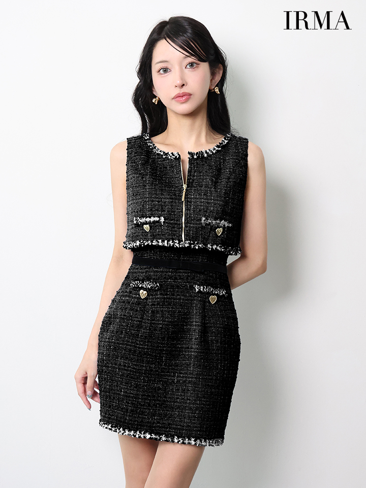 IRMA イルマ ツイード/フリンジ/パイピング/デニム風/ハートスタッヅ/セットアップ/タイト ミニドレス ir55106-c