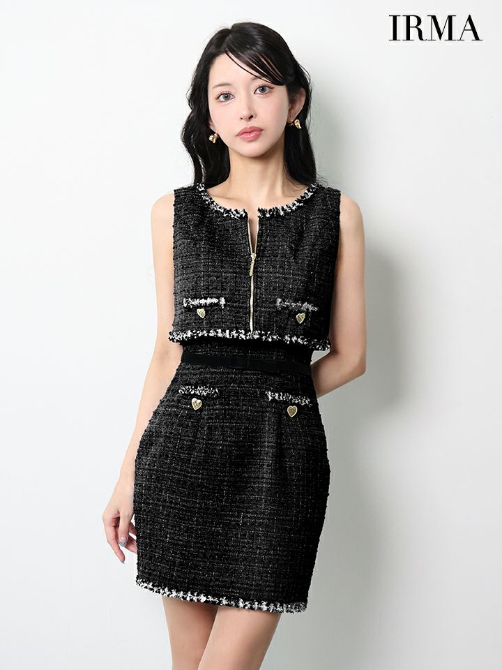 IRMA イルマ ツイード/フリンジ/パイピング/デニム風/ハートスタッヅ/セットアップ/タイト ミニドレス ir55106-c