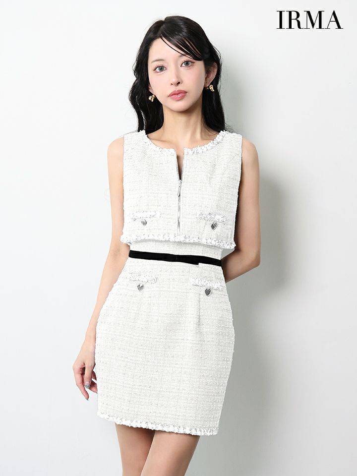 IRMA イルマ ツイード/フリンジ/パイピング/デニム風/ハートスタッヅ/セットアップ/タイト ミニドレス ir55106-c