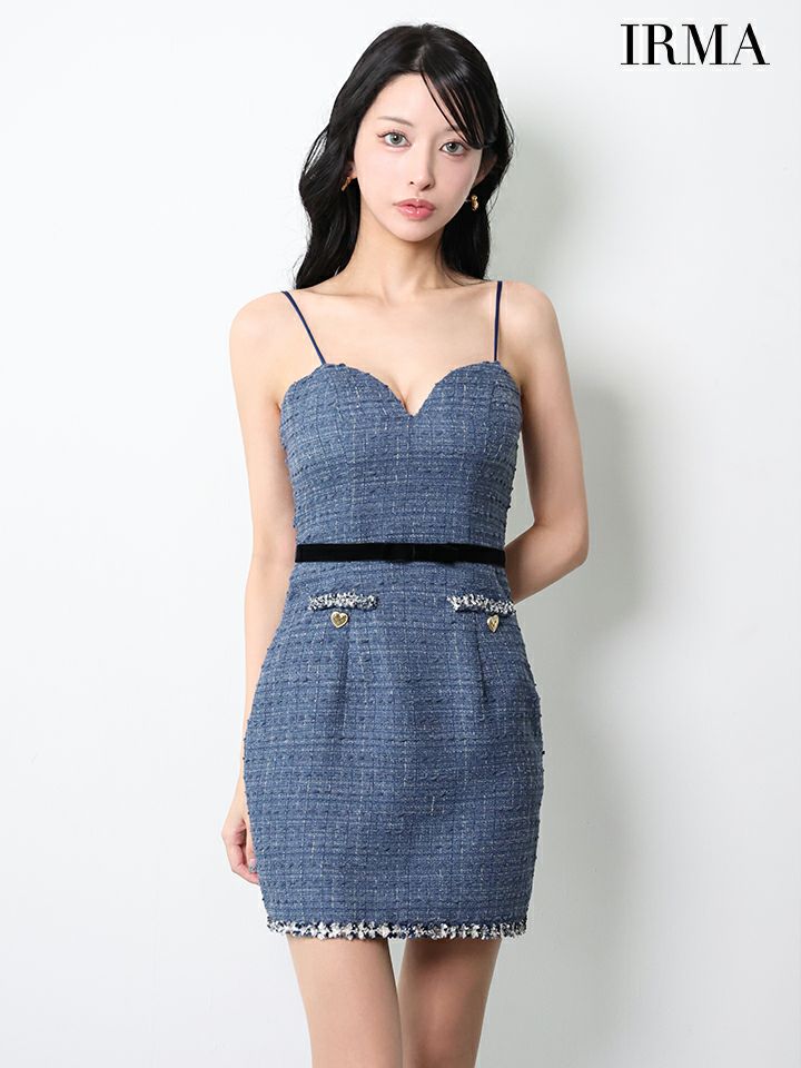 IRMA イルマ ツイード/フリンジ/パイピング/デニム風/ハートスタッヅ/セットアップ/タイト ミニドレス ir55106-cIRMA イルマ ツイード/フリンジ/パイピング/デニム風/ハートスタッヅ/セットアップ/タイト ミニドレス ir55106-c
