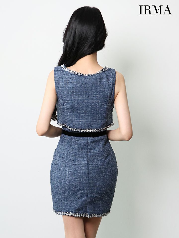 IRMA イルマ ツイード/フリンジ/パイピング/デニム風/ハートスタッヅ/セットアップ/タイト ミニドレス ir55106-c