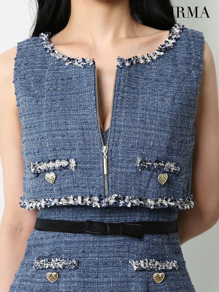 IRMA イルマ ツイード/フリンジ/パイピング/デニム風/ハートスタッヅ/セットアップ/タイト ミニドレス ir55106-c