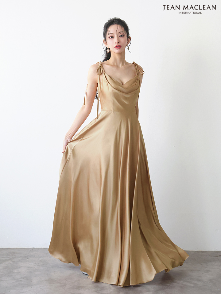 JEAN MACLEAN ジャンマクレーン ラグジュアリーサテン/ワンカラー/リボンショルダー/ドレープ/Aライン/フレア/ロングドレス ja51975